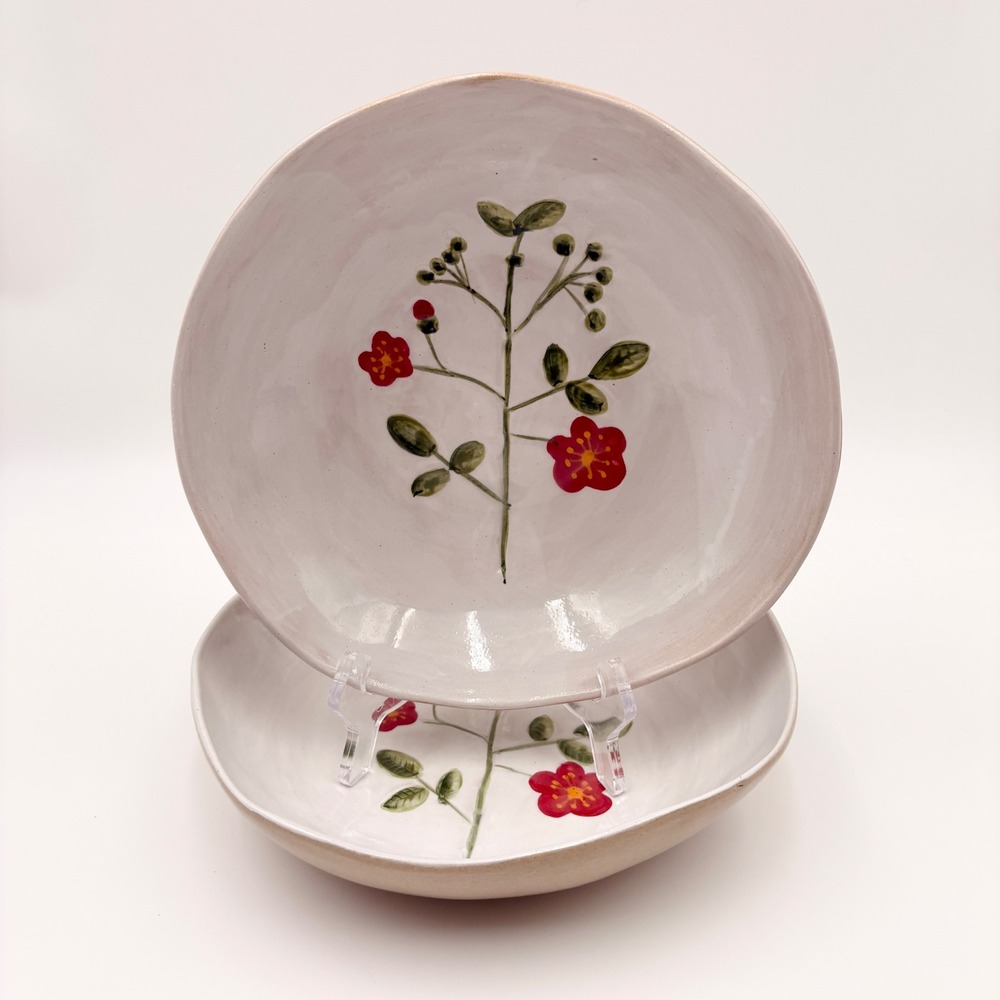 Potters Studio Floral Ceramic Pasta Bowls Set of 2 Red Flower Botanical Boho